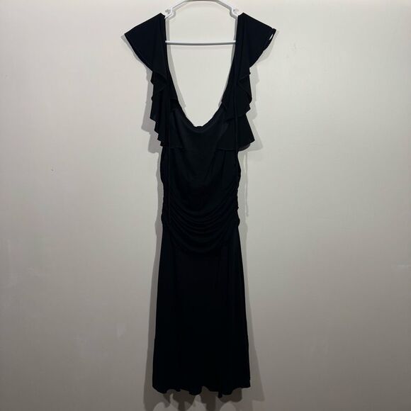 NWOT BCBGMAXAZRIA Black Layered Midi Length Cap Sleeve Ruffle Dress - Picture 2 of 5